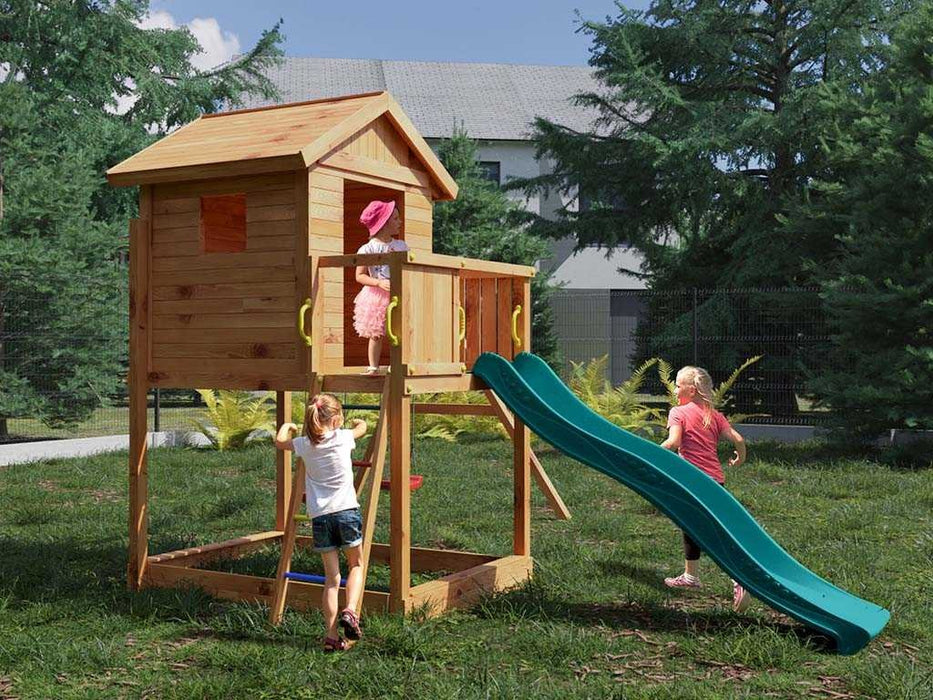 Spielturm 'UNIVERSE S' inkl. Doppelschaukel teakfarben & Rutsche Türkis, 400x489x280cm (BxTxH)