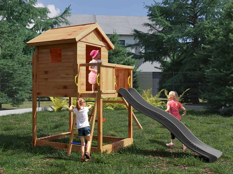 Spielturm 'UNIVERSE S' inkl. Doppelschaukel teakfarben & Rutsche Grau, 400x489x280cm (BxTxH)