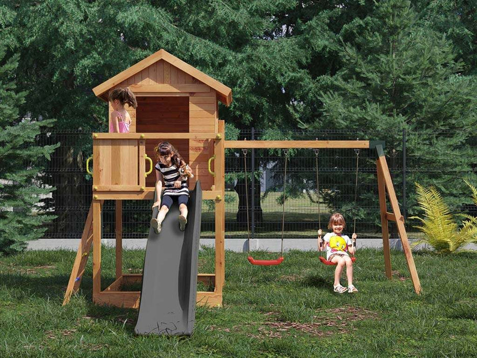 Spielturm 'UNIVERSE S' inkl. Doppelschaukel teakfarben & Rutsche Grau, 400x489x280cm (BxTxH)