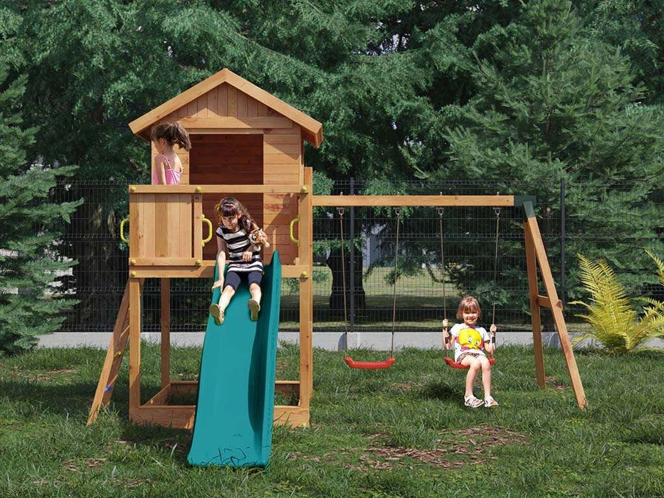 Spielturm 'UNIVERSE S' inkl. Doppelschaukel teakfarben & Rutsche Türkis, 400x489x280cm (BxTxH)