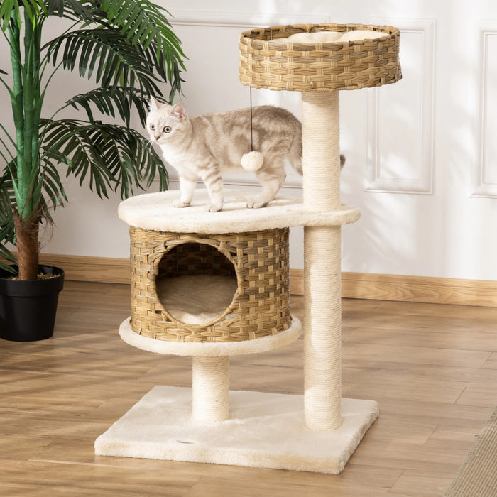 Grattant avec plate-forme, arbre grimpant avec une grotte de chat, balles de jeu, sisal, natur + beige, 95 cm de hauteur