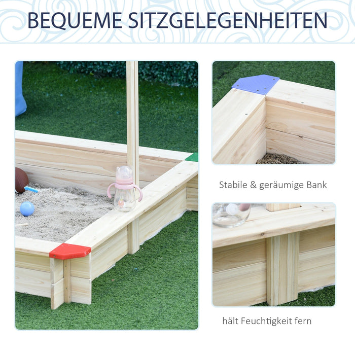 Sandkasten mit Dach Sandkiste Kindersandkasten Tannenholz Bodenloses Design felix mit absenkbarem und schwenkbarem Dach Kurbeldach, Natur, 120x120x120cm