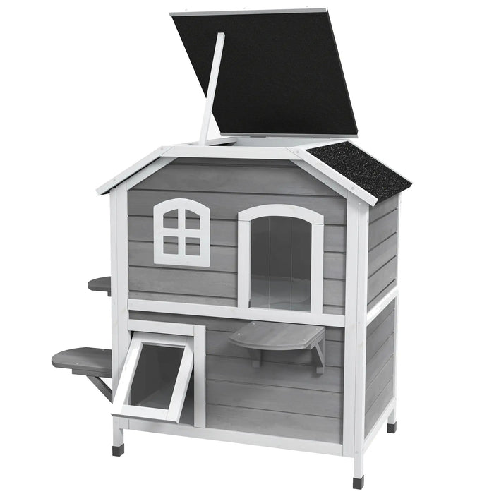 Cat house with asphalt roof, stairs, 2-floors, waterproof, garden, gray, 78x55.5x91cm