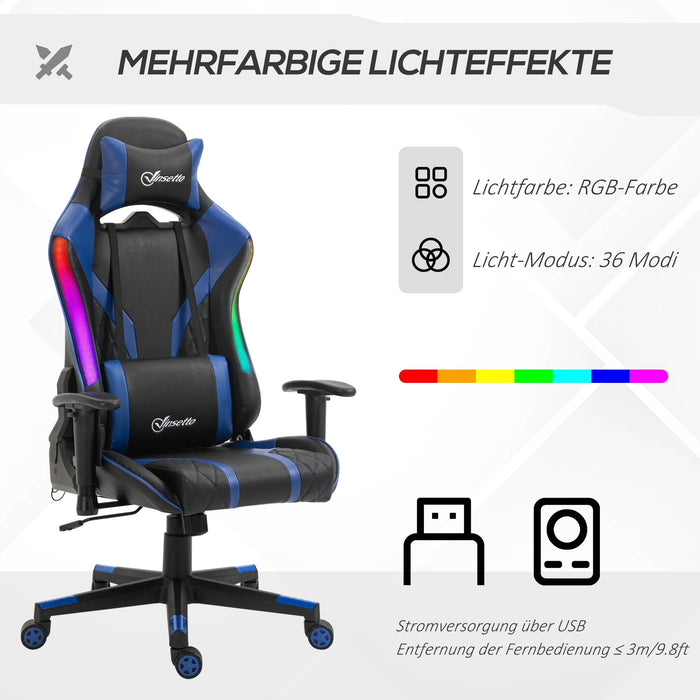 Bürostuhl LED Gaming-Stuhl mit Armlehne ergonomisch mit Liegefunktion Kunstleder Schwarz + Blau, 70x57,5x126-136cm