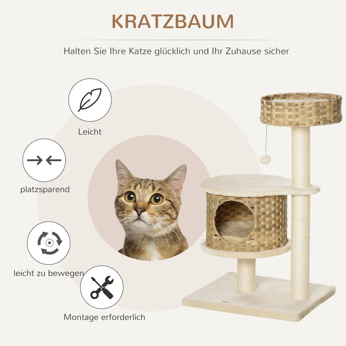 Grattant avec plate-forme, arbre grimpant avec une grotte de chat, balles de jeu, sisal, natur + beige, 95 cm de hauteur