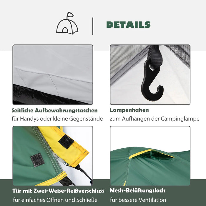 Zelt für 2 Personen 190T Campingzelt mit Heringen Glasfaser Polyester Grün + Gelb, 325x183x130cm