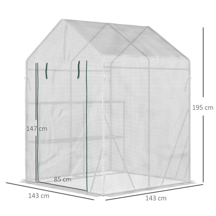 Foliengewächshaus begehbares Gewächshaus mit 4 Regalebenen Tomatengewächshaus Treibhaus Frühbeet mit Reissverschlusstüren Weiss Stahl PE-Kunststoff 143x143x195cm