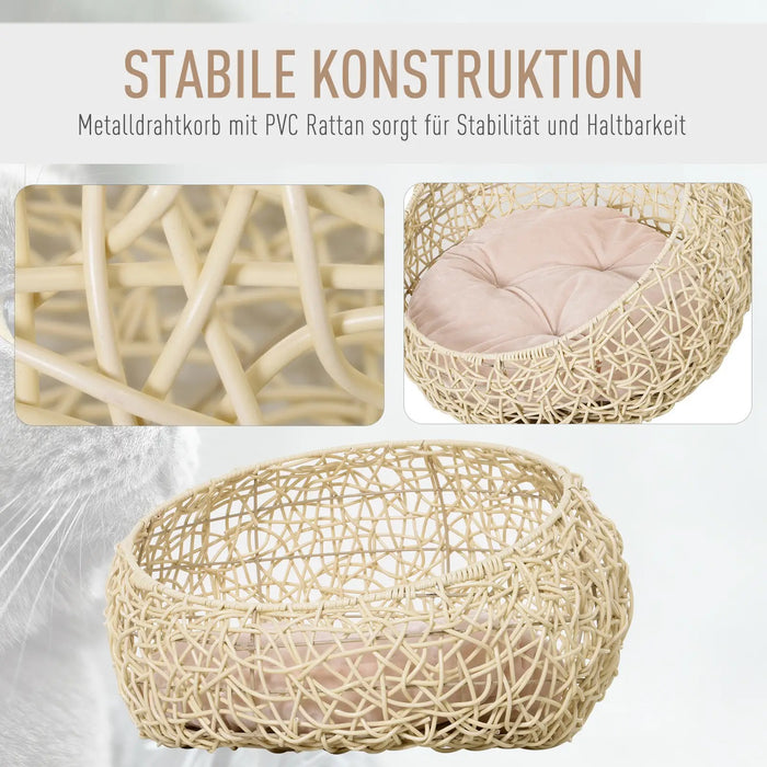 Cat bed made of rattan with pillow, animal bed for cats dogs, beige Ø56x35cm