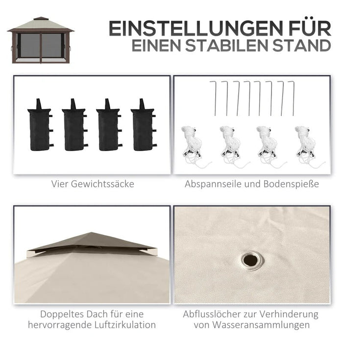 Faltpavillon, höhenverstellbar, 4 Netzwände, Lüftungsdach, Tragetasche, Schnellaufbau, 4x4x3m, Beige