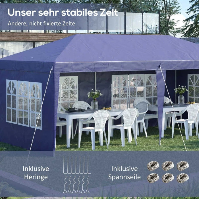 Faltpavillon 6x3m, halboffen, abnehmbare Seitenwände, grosse Fenster, Tragetasche, Stahlrahmen, blau