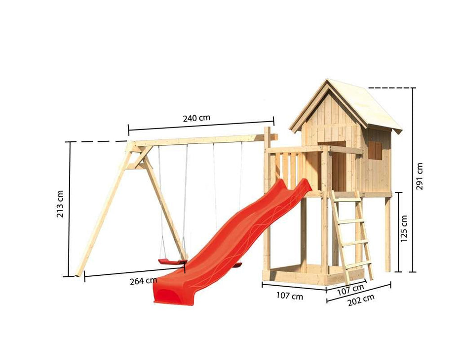 Stelzenhaus `` Paix '' naturel avec double swing et glissière rouge, 347x264x291cm (bxtxh)