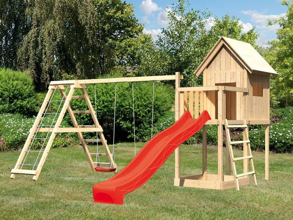 Stelzenhaus Set `` Paix '' Slide naturel rouge, swing et cadre d'escalade, 415x264x291cm (bxtxh)