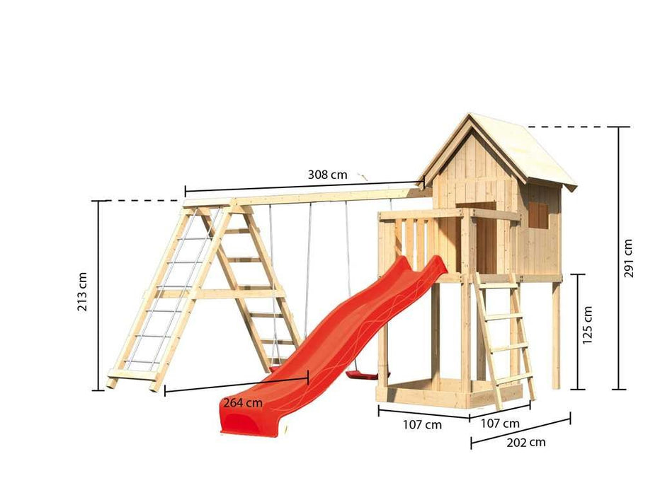 Stelzenhaus Set `` Paix '' Slide naturel rouge, swing et cadre d'escalade, 415x264x291cm (bxtxh)