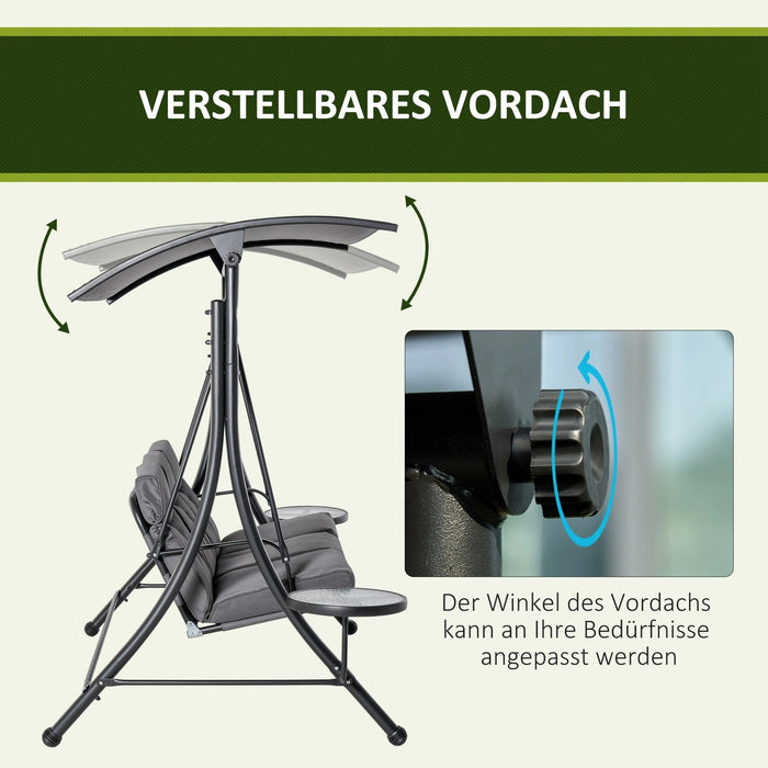 Hollywoodschaukel 3-Sitzer Gartenschaukel Schaukelbank mit verstellbarem Sonnendach Teetisch Stahl Polyester Grau+Schwarz, 271x125x177cm