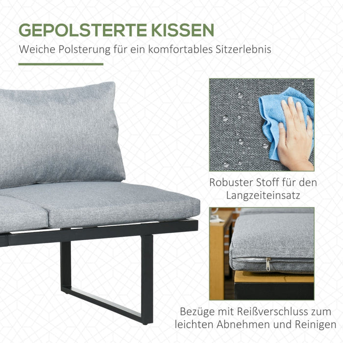 Gartenmöbel-Set für 3 Personen Balkonmöbel mit Sitzkissen, Aluminiumrahmen, Holzoptik, Dunkelgrau+Natur