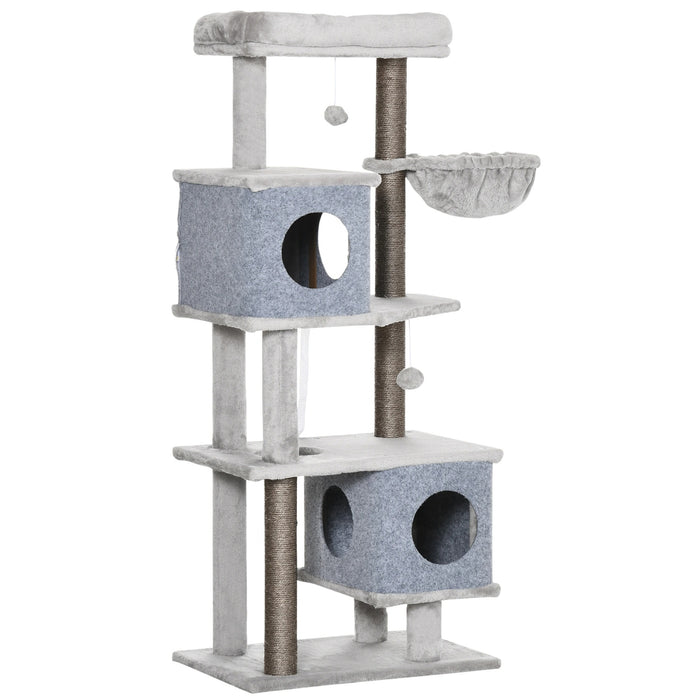 Scratching post, two houses, two platforms, play ball, lying basket, tilt protection, gray, 60x40x142cm