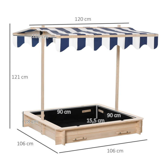 Sandkasten Sandkiste aus Holz für Garten Sandkasten mit Dach Felix Kindersandkasten mit Dach abnehmbar Rücklehnen verstellbar Tannenholz 3-7 Jahren, Natur, 106x106x121cm