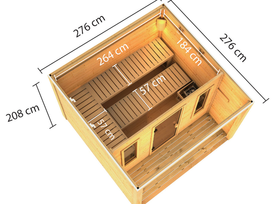 Saunahaus à l'extérieur du sauna jardin sauna cube royal 276x276x210cm, 3-4 personnes dont 9 kw four