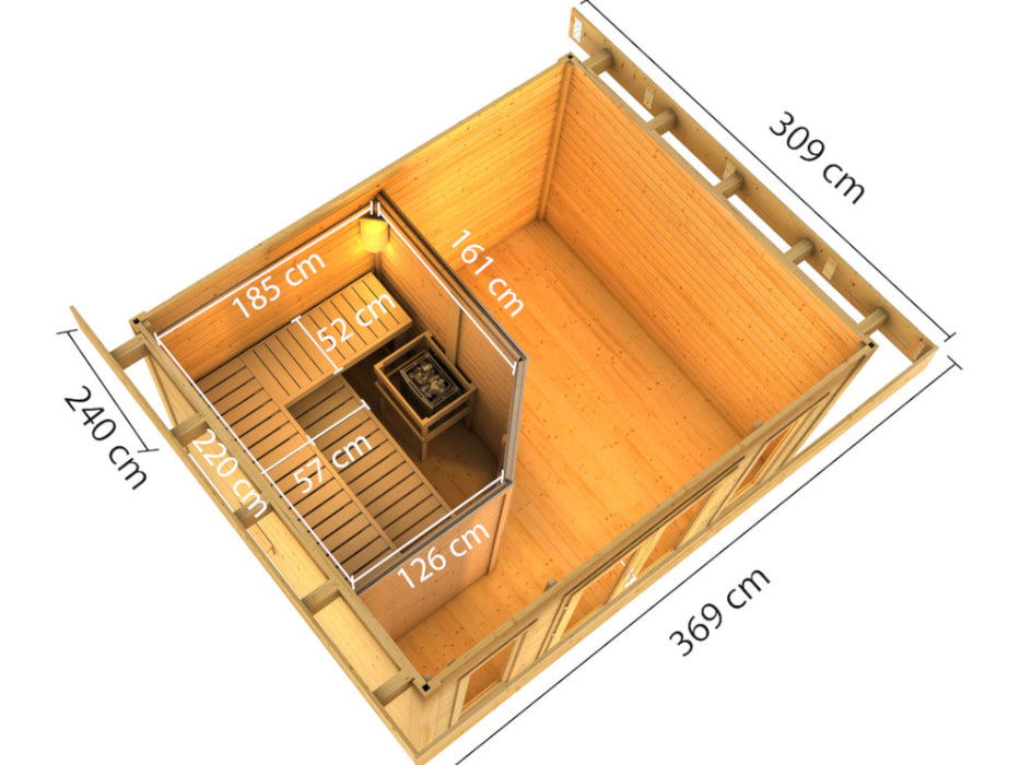 Saunahaus à l'extérieur du sauna jardin sauna odin 369x309x240cm, 3-4 personnes dont 9 kw four