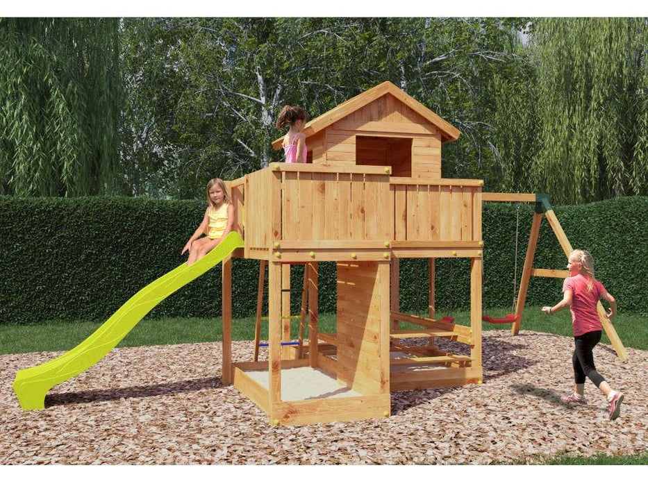 Stelzenhaus 'NEPTUN' teakfarben inkl. Rutsche Gelb, 558x301x280cm (BxTxH)