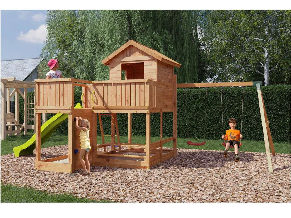 Stelzenhaus 'NEPTUN' teakfarben inkl. Rutsche Gelb, 558x301x280cm (BxTxH)