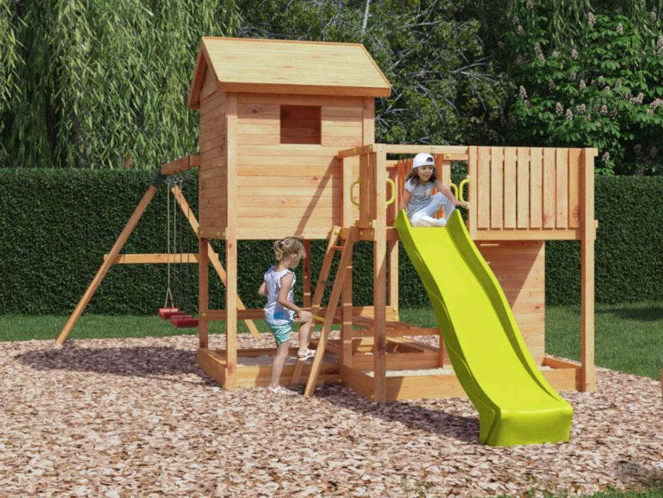 Stelzenhaus 'NEPTUN' teakfarben inkl. Rutsche Gelb, 558x301x280cm (BxTxH)