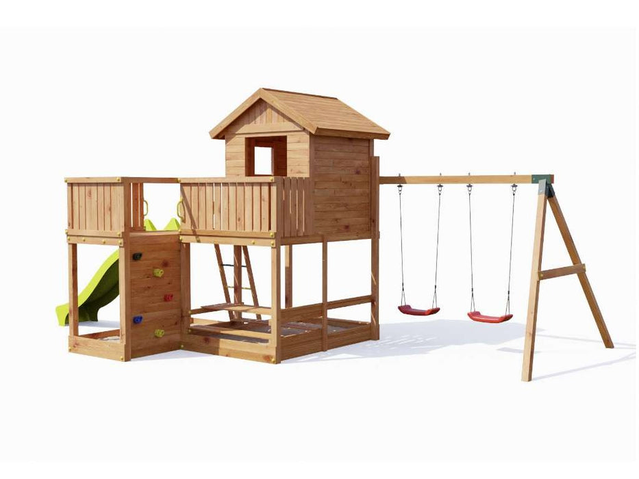 Stelzenhaus 'NEPTUN' teakfarben inkl. Rutsche Gelb, 558x301x280cm (BxTxH)