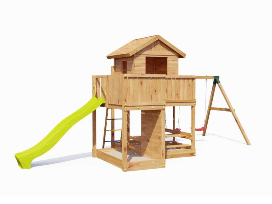 Stelzenhaus 'NEPTUN' teakfarben inkl. Rutsche Gelb, 558x301x280cm (BxTxH)