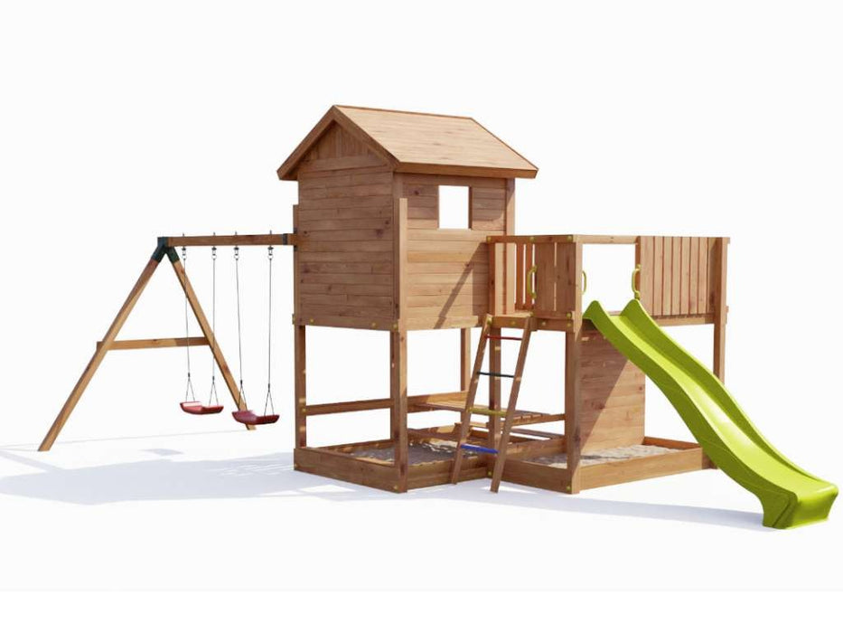 Stelzenhaus 'NEPTUN' teakfarben inkl. Rutsche Gelb, 558x301x280cm (BxTxH)
