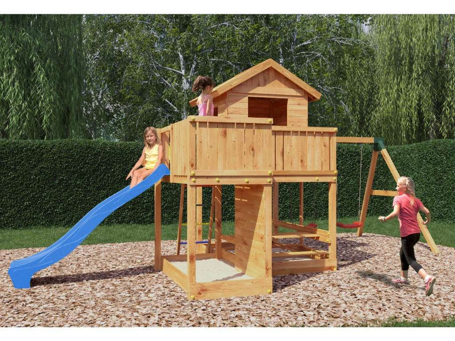 Stelzenhaus 'NEPTUN' teakfarben inkl. Rutsche Blau, 558x301x280cm (BxTxH)