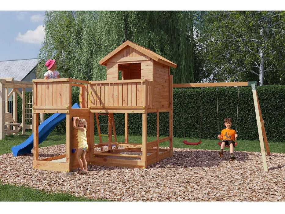 Stelzenhaus 'NEPTUN' teakfarben inkl. Rutsche Blau, 558x301x280cm (BxTxH)