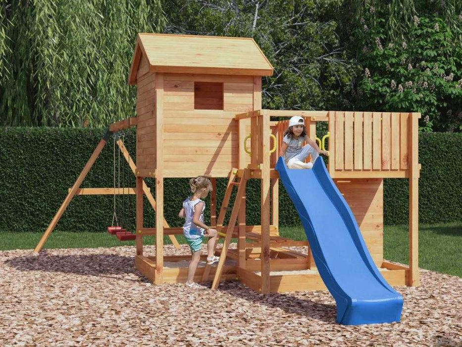 Stelzenhaus 'NEPTUN' teakfarben inkl. Rutsche Blau, 558x301x280cm (BxTxH)