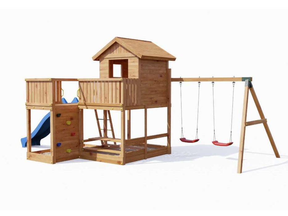 Stelzenhaus 'NEPTUN' teakfarben inkl. Rutsche Blau, 558x301x280cm (BxTxH)
