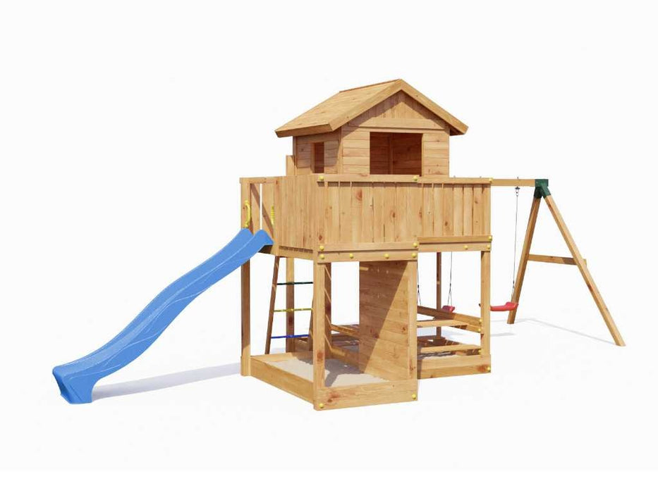 Stelzenhaus 'NEPTUN' teakfarben inkl. Rutsche Blau, 558x301x280cm (BxTxH)