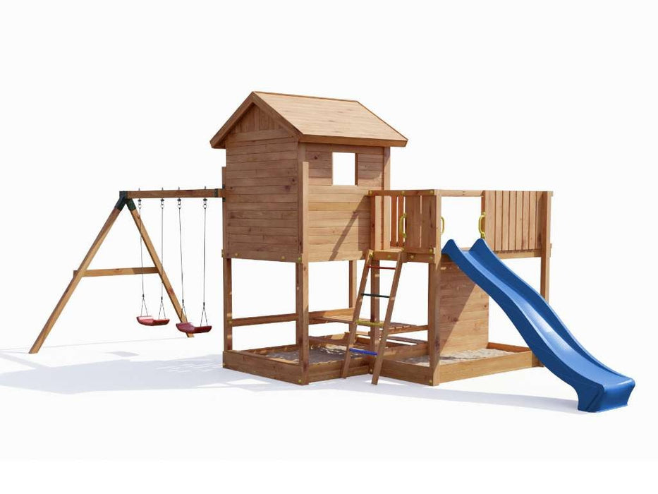 Stelzenhaus 'NEPTUN' teakfarben inkl. Rutsche Blau, 558x301x280cm (BxTxH)