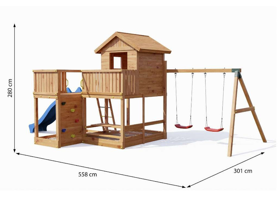 Stelzenhaus 'NEPTUN' teakfarben inkl. Rutsche Blau, 558x301x280cm (BxTxH)