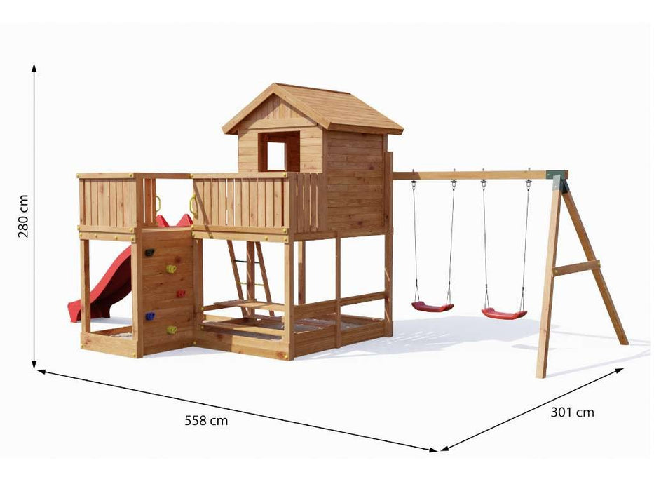 Playhouse, tour de jeu, couleurs de teck de Stelzenhaus 'Neptune', y compris le rouge à glissière, 558x301x280cm (bxtxh)