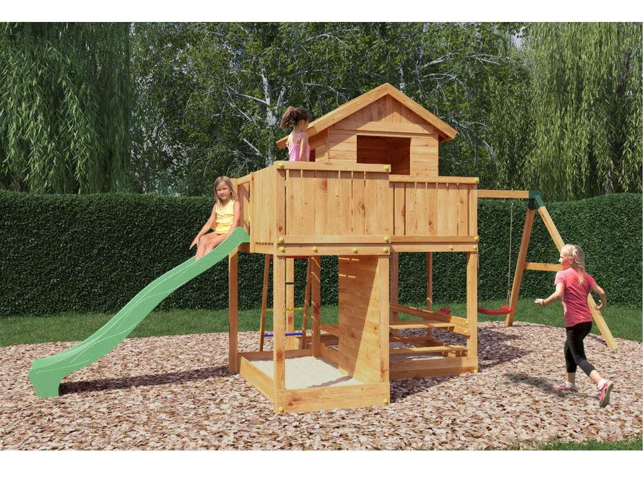 Stelzenhaus 'NEPTUN' teakfarben inkl. Rutsche Grün, 558x301x280cm (BxTxH)