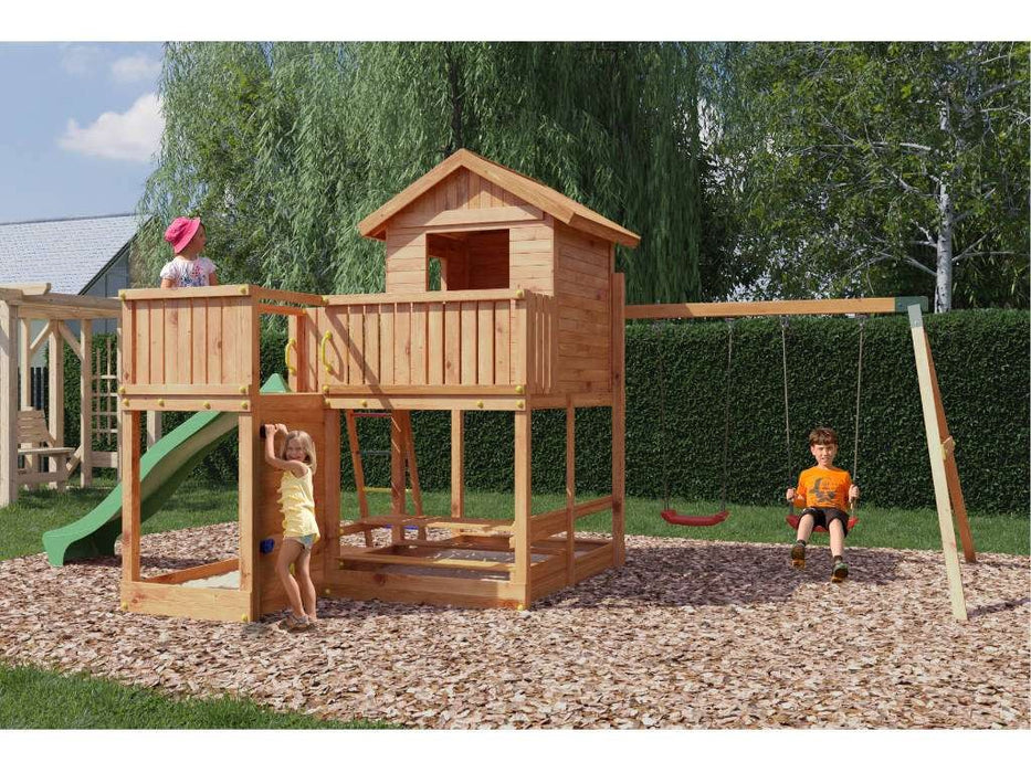 Stelzenhaus 'NEPTUN' teakfarben inkl. Rutsche Grün, 558x301x280cm (BxTxH)