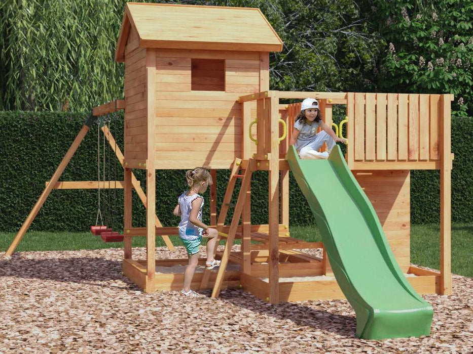 Stelzenhaus 'NEPTUN' teakfarben inkl. Rutsche Grün, 558x301x280cm (BxTxH)