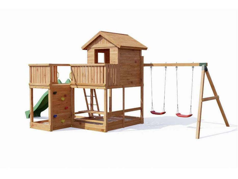 Stelzenhaus 'NEPTUN' teakfarben inkl. Rutsche Grün, 558x301x280cm (BxTxH)