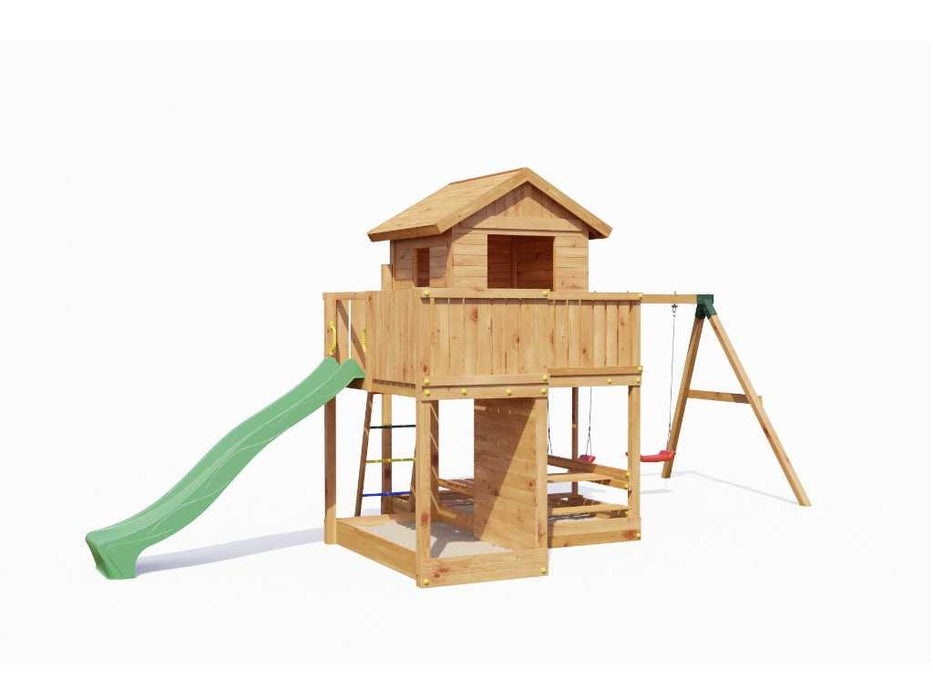 Stelzenhaus 'NEPTUN' teakfarben inkl. Rutsche Grün, 558x301x280cm (BxTxH)