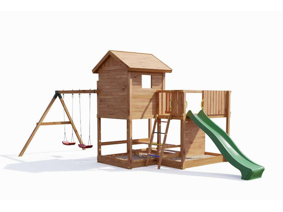 Stelzenhaus 'NEPTUN' teakfarben inkl. Rutsche Grün, 558x301x280cm (BxTxH)