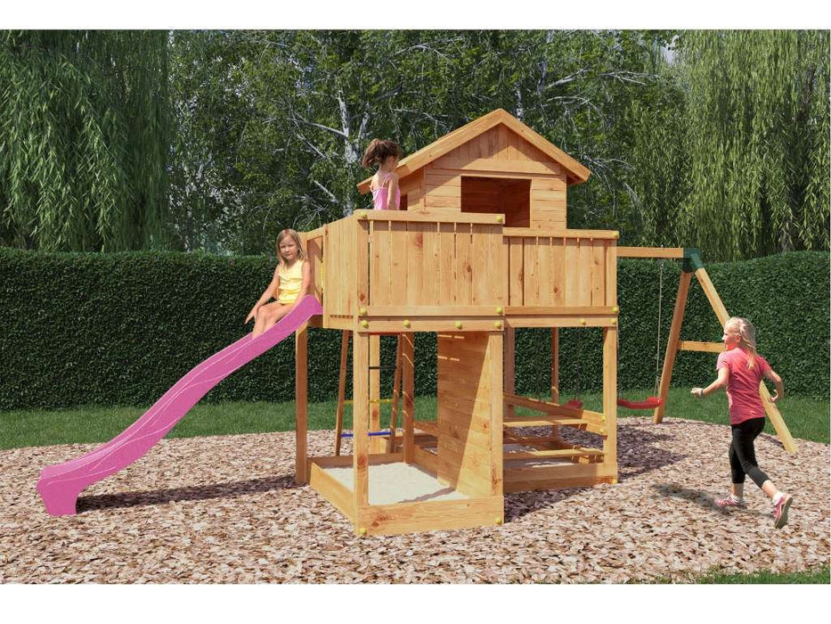 Stelzenhaus 'NEPTUN' teakfarben inkl. Rutsche Pink, 558x301x280cm (BxTxH)