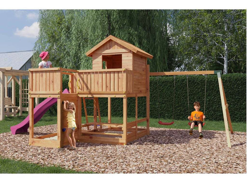 Stelzenhaus 'NEPTUN' teakfarben inkl. Rutsche Pink, 558x301x280cm (BxTxH)