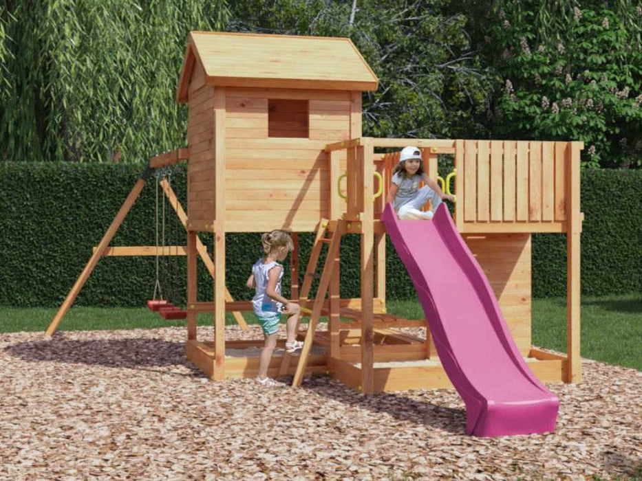 Stelzenhaus 'NEPTUN' teakfarben inkl. Rutsche Pink, 558x301x280cm (BxTxH)