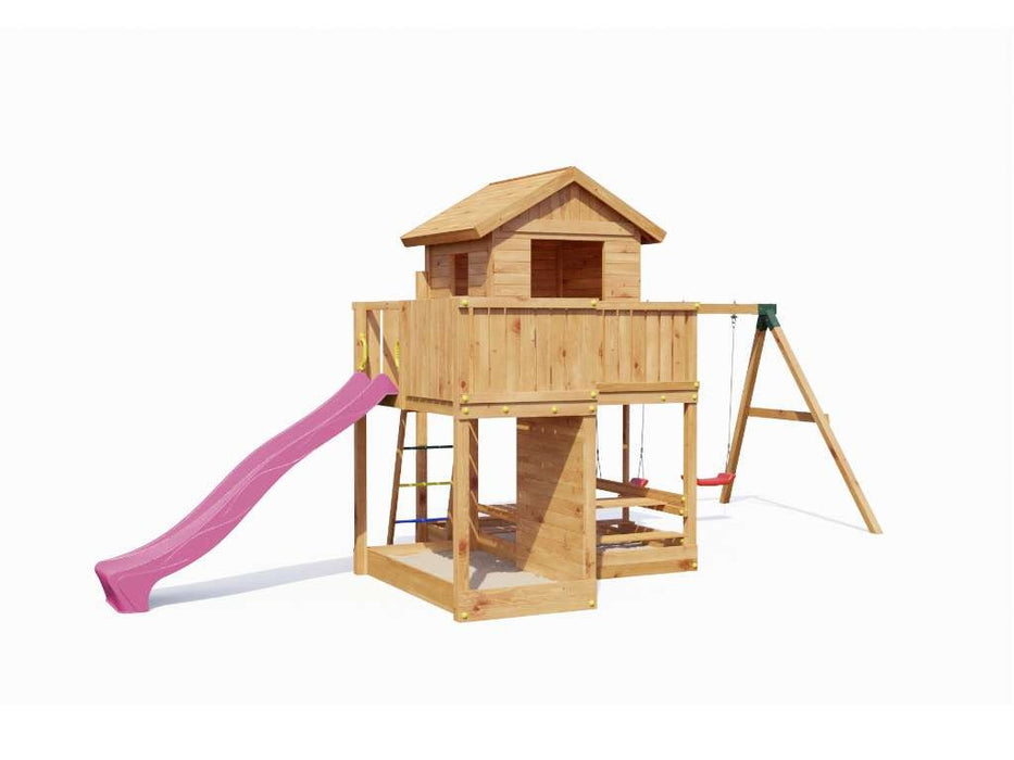 Stelzenhaus 'NEPTUN' teakfarben inkl. Rutsche Pink, 558x301x280cm (BxTxH)