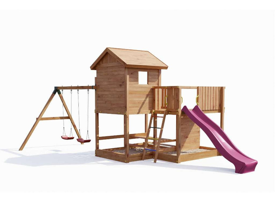 Stelzenhaus 'NEPTUN' teakfarben inkl. Rutsche Pink, 558x301x280cm (BxTxH)