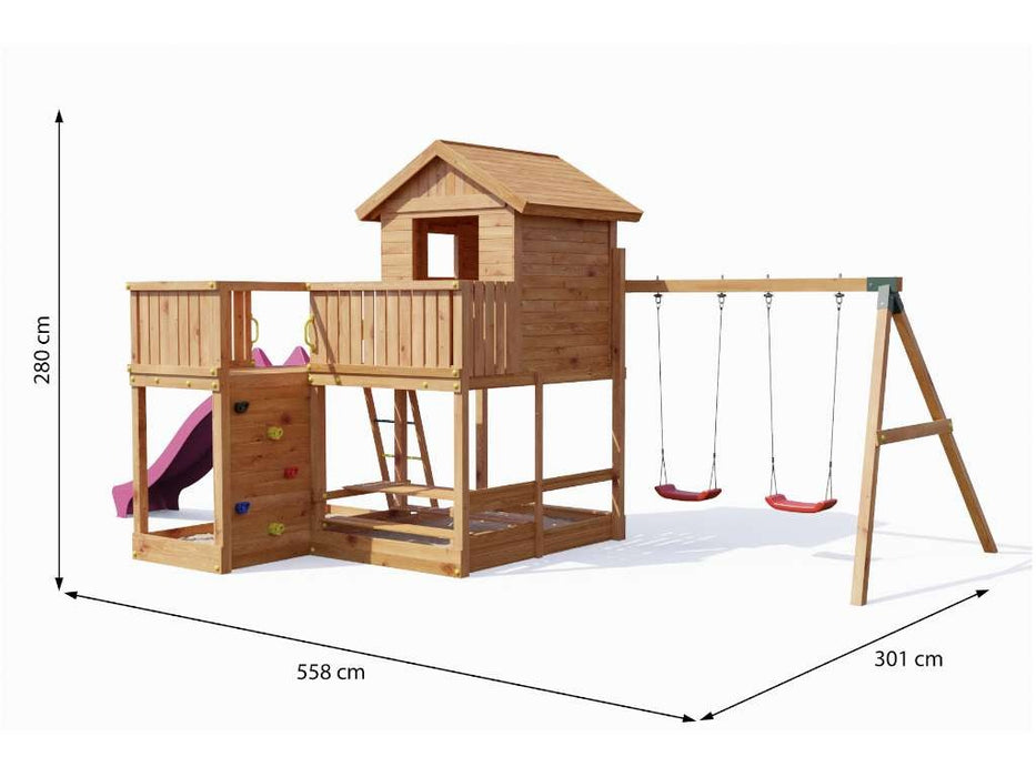 Stelzenhaus 'NEPTUN' teakfarben inkl. Rutsche Pink, 558x301x280cm (BxTxH)