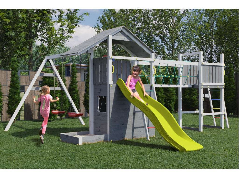 Spielturm 'BRIDGE' Grau/Weiss inkl. Rutsche Gelb, 559x493x254cm (BxTxH)